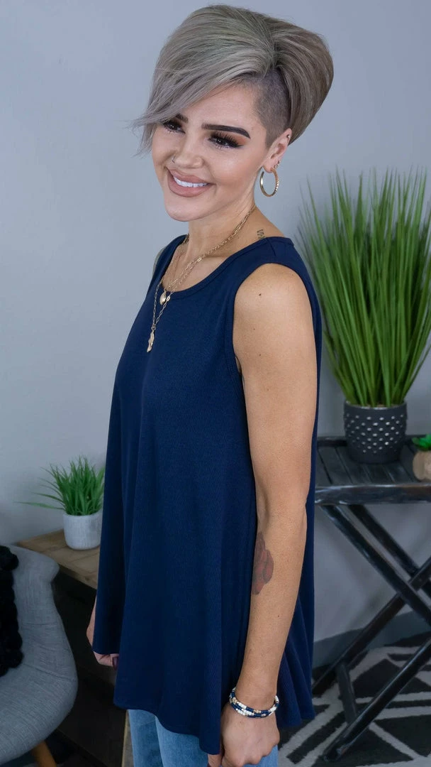 The ZigZag Stripe Navy Ribbed Right On Time Tank TOPS & TUNICS