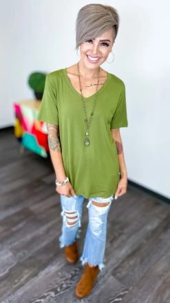 The ZigZag Stripe Olive Boyfriend V-Neck Tee