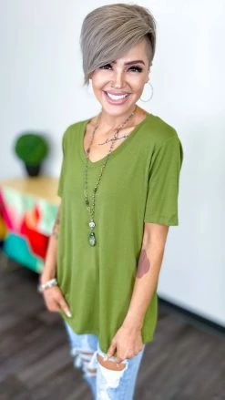 The ZigZag Stripe Olive Boyfriend V-Neck Tee