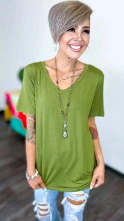 The ZigZag Stripe Olive Boyfriend V-Neck Tee