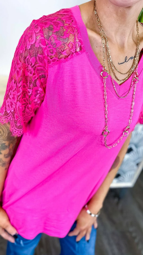 The ZigZag Stripe TOPS & TUNICS Pink Lace Lovin' Top