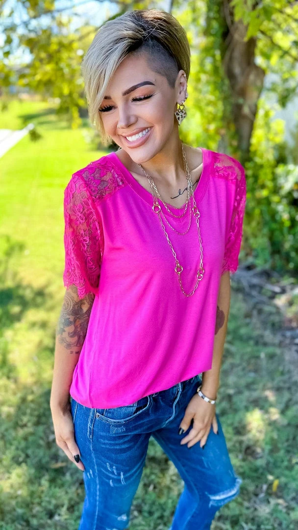 The ZigZag Stripe TOPS & TUNICS Pink Lace Lovin' Top