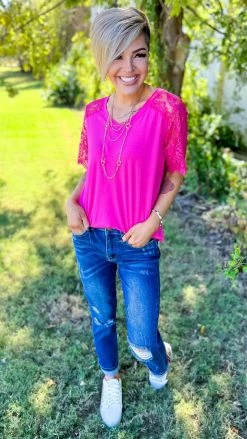 The ZigZag Stripe TOPS & TUNICS Pink Lace Lovin' Top