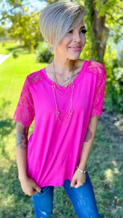 The ZigZag Stripe TOPS & TUNICS Pink Lace Lovin' Top