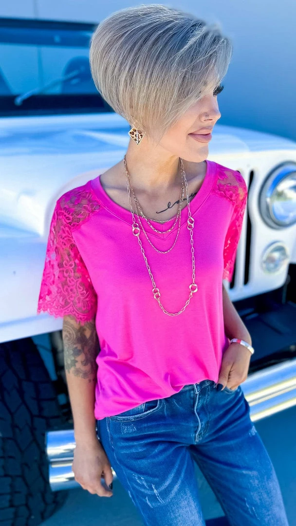 The ZigZag Stripe TOPS & TUNICS Pink Lace Lovin' Top