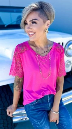 The ZigZag Stripe TOPS & TUNICS Pink Lace Lovin' Top