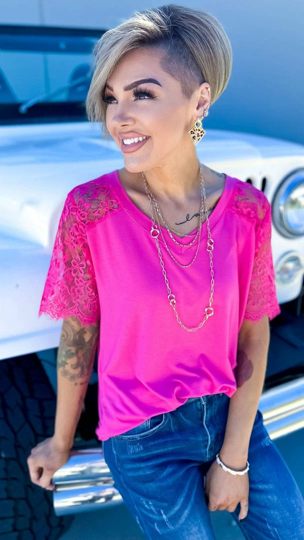 The ZigZag Stripe TOPS & TUNICS Pink Lace Lovin' Top