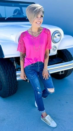 The ZigZag Stripe TOPS & TUNICS Pink Lace Lovin' Top