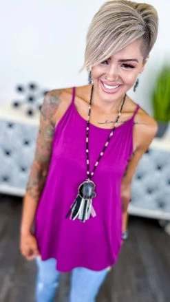 The ZigZag Stripe Plum Basic Spaghetti Tank [NO RETURNS] TOPS & TUNICS