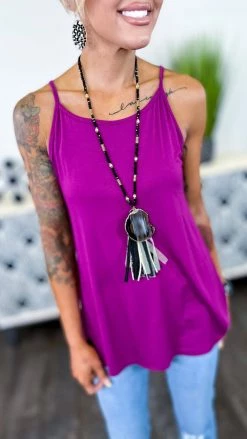 The ZigZag Stripe Plum Basic Spaghetti Tank [NO RETURNS] TOPS & TUNICS