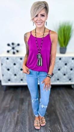 The ZigZag Stripe Plum Basic Spaghetti Tank [NO RETURNS] TOPS & TUNICS