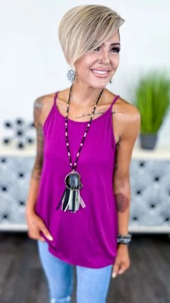 The ZigZag Stripe Plum Basic Spaghetti Tank [NO RETURNS] TOPS & TUNICS