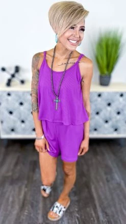 The ZigZag Stripe JUMPSUITS & ROMPERS Purple Natural Comfort Romper [NO RETURNS]