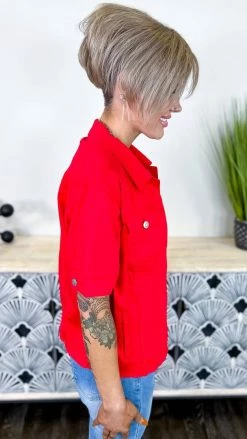 The ZigZag Stripe OUTERWEAR Red Let's Escape Denim Jacket