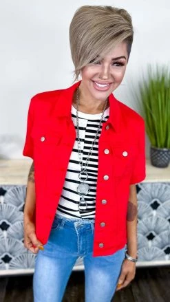 The ZigZag Stripe OUTERWEAR Red Let's Escape Denim Jacket