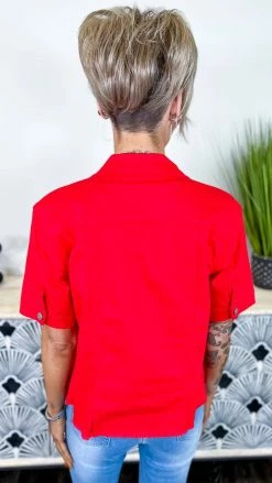 The ZigZag Stripe OUTERWEAR Red Let's Escape Denim Jacket