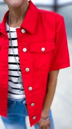 The ZigZag Stripe OUTERWEAR Red Let's Escape Denim Jacket