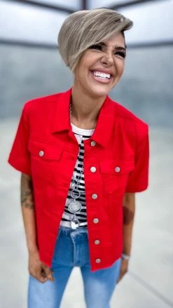 The ZigZag Stripe OUTERWEAR Red Let's Escape Denim Jacket