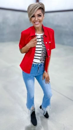 The ZigZag Stripe OUTERWEAR Red Let's Escape Denim Jacket
