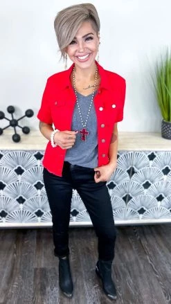 The ZigZag Stripe OUTERWEAR Red Let's Escape Denim Jacket