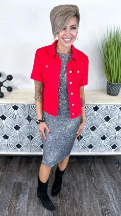 The ZigZag Stripe OUTERWEAR Red Let's Escape Denim Jacket