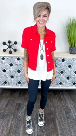 The ZigZag Stripe OUTERWEAR Red Let's Escape Denim Jacket