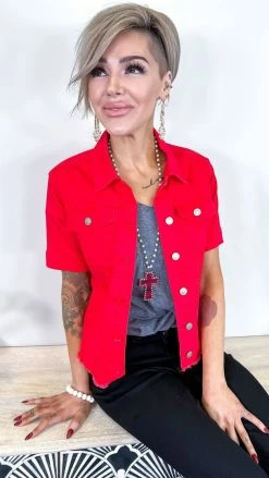 The ZigZag Stripe OUTERWEAR Red Let's Escape Denim Jacket