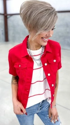 The ZigZag Stripe OUTERWEAR Red Let's Escape Denim Jacket