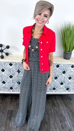 The ZigZag Stripe OUTERWEAR Red Let's Escape Denim Jacket