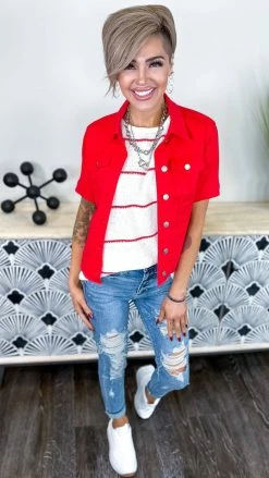 The ZigZag Stripe OUTERWEAR Red Let's Escape Denim Jacket