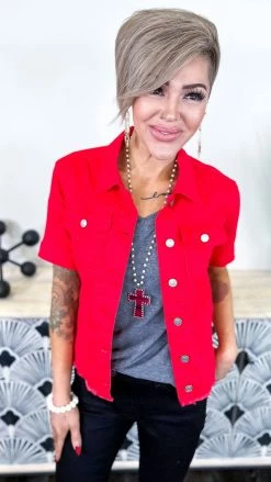 The ZigZag Stripe OUTERWEAR Red Let's Escape Denim Jacket