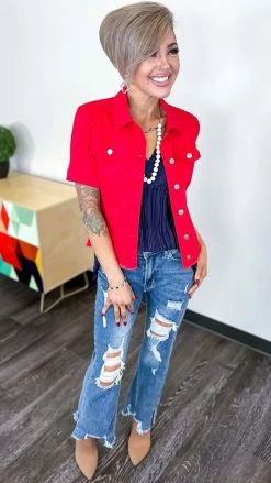 The ZigZag Stripe OUTERWEAR Red Let's Escape Denim Jacket