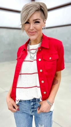 The ZigZag Stripe OUTERWEAR Red Let's Escape Denim Jacket