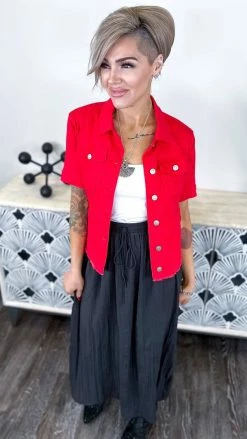 The ZigZag Stripe OUTERWEAR Red Let's Escape Denim Jacket