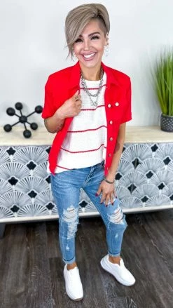 The ZigZag Stripe OUTERWEAR Red Let's Escape Denim Jacket