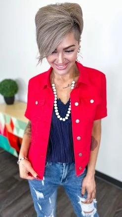The ZigZag Stripe OUTERWEAR Red Let's Escape Denim Jacket