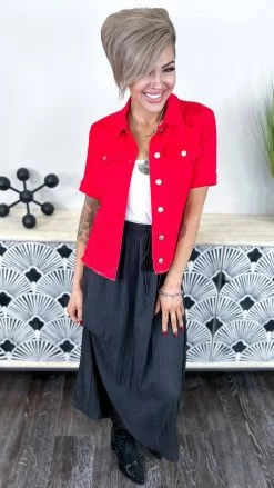The ZigZag Stripe OUTERWEAR Red Let's Escape Denim Jacket