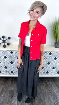 The ZigZag Stripe OUTERWEAR Red Let's Escape Denim Jacket