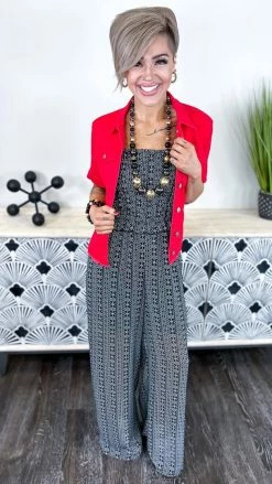 The ZigZag Stripe OUTERWEAR Red Let's Escape Denim Jacket