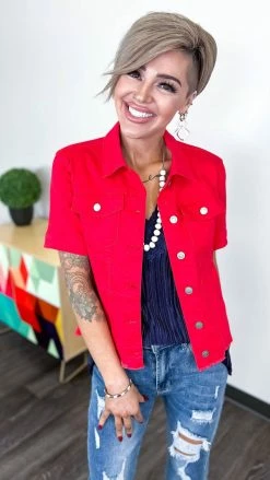 The ZigZag Stripe OUTERWEAR Red Let's Escape Denim Jacket