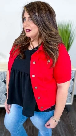 The ZigZag Stripe OUTERWEAR Red Let's Escape Denim Jacket