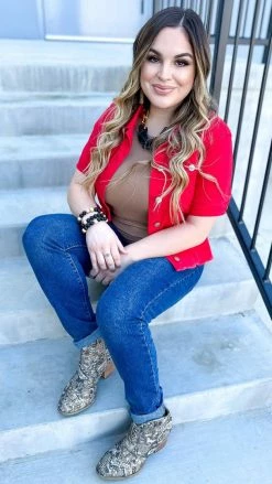 The ZigZag Stripe OUTERWEAR Red Let's Escape Denim Jacket