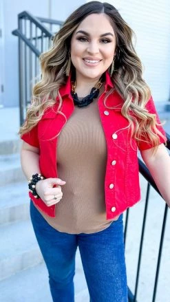 The ZigZag Stripe OUTERWEAR Red Let's Escape Denim Jacket