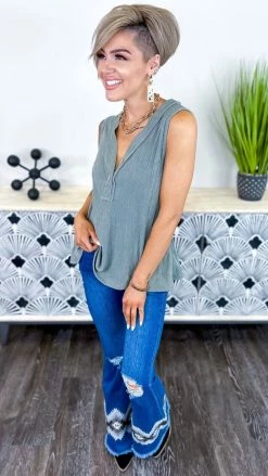 The ZigZag Stripe Sage Barcelona Breeze Tank [NO RETURNS] TOPS & TUNICS