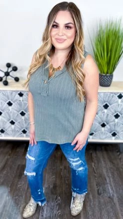 The ZigZag Stripe Sage Barcelona Breeze Tank [NO RETURNS] TOPS & TUNICS