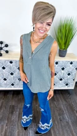 The ZigZag Stripe Sage Barcelona Breeze Tank [NO RETURNS] TOPS & TUNICS