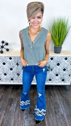 The ZigZag Stripe Sage Barcelona Breeze Tank [NO RETURNS] TOPS & TUNICS