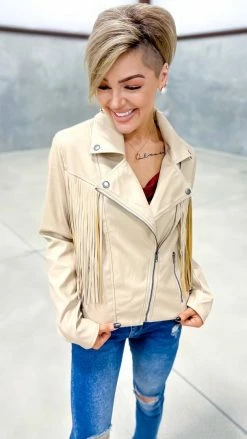 White Birch OUTERWEAR Taupe Fringe Benefits Jacket