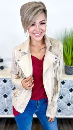 White Birch OUTERWEAR Taupe Fringe Benefits Jacket