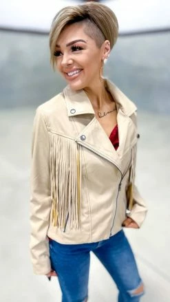 White Birch OUTERWEAR Taupe Fringe Benefits Jacket